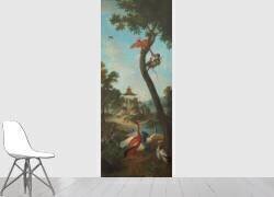 Paysage avec aras raunas, cariama huppé , grues et singes (Christophe Huet) - Muzeo.com