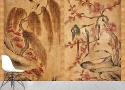Paravent à huit panneaux : fleurs et oiseaux 