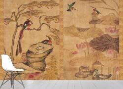 Paravent à huit panneaux : fleurs et oiseaux 