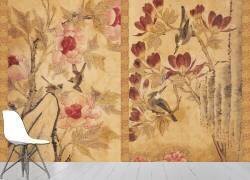 Paravent à huit panneaux : fleurs et oiseaux 