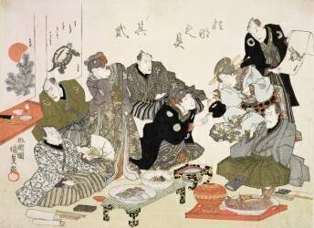 Fête de la peinture et de la calligraphie à la Maison de Thé Manpachiro (Utagawa Kunisada) - Muzeo.com