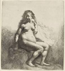 Femme nue assise sur une butte (Rembrandt) - Muzeo.com