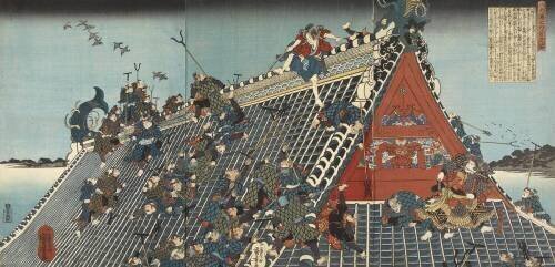 Hakkenden no uchi : Hôryû-kaku; Sur le toit à Hôryû-kaku (Utagawa Kunisada) - Muzeo.com