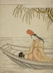 Jeune femme en costume traditionnel japonais dans un bateau. (anonyme) - Muzeo.com