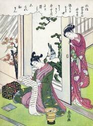 Kannazuki - Homme lisant sous une véranda, observé par une femme (Suzuki Harunobu) - Muzeo.com