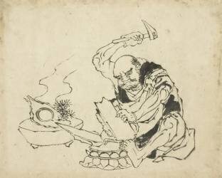 Moine zen brûlant une image de Bouddha (Hokusai) - Muzeo.com