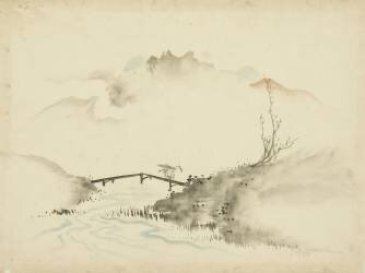 Paysage avec un fermier traversant un pont (Hokusai) - Muzeo.com