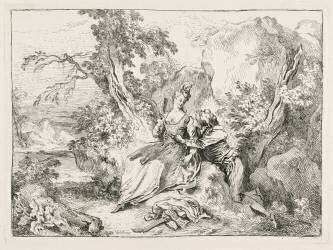 Paysage dans lequel un berger galant prend la taille d'une femme qui le menace de son éventail (François Boucher) - Muzeo.com