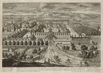 Planche 67: vue perspective de l'Hôpital Saint-Louis entre les faubourgs Montmartre et Saint Laurent (Famille des Perelle) - Muzeo.com