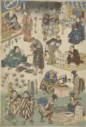 Sept étals au marché de nuit de la rue Joruri (Hiroshige) - Muzeo.com