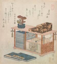 Surimono illustrant une armoire à livres (Keisai Eisen) - Muzeo.com