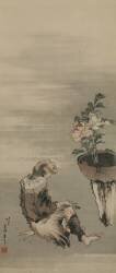 Un homme assis regardant des pivoines en pot (Hokusai) - Muzeo.com