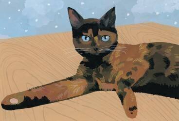 Lay down at the desk tortoiseshell cat (Hiroyuki Izutsu) - Muzeo.com