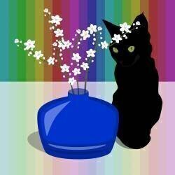 Vase en verre bleu avec fleur et chat noir (Claire Huntley) - Muzeo.com