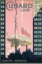 Affiche publicitaire de voyage de l'Europe vers l'Amérique avec la compagnie maritime Cunard Line (Kenneth Shoesmith) - Muzeo.com