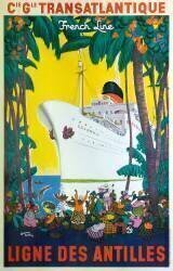 France / Antilles : Vieille affiche publicitaire de la Compagnie Générale Transatlantique pour les navires de croisière français dans les Caraïbes, 1935 (anonyme) - Muzeo.com