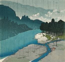 Pluie à la rivière Okutama (Hasui Kawase) - Muzeo.com