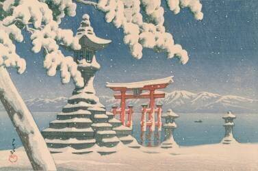Porte d'un tombeau enneigé, Tombeau Itsukushima, Île Honshu, Japon (Hasui Kawase) - Muzeo.com