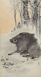 Sanglier couché dans un paysage enneigé (Ohara Koson) - Muzeo.com