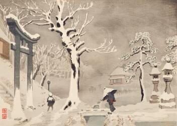 Scène de neige sous la digue du sanctuaire de Mimeguri (Kiyochika Kobayashi) - Muzeo.com