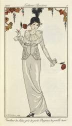 Tailleur de satin gris de perle, chapeau de paille noir (George Barbier) - Muzeo.com