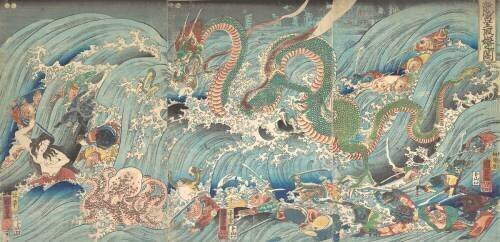 Tryptique. La pêcheuse de perles sacrées poursuivie par un grand dragon escorté de poissons (Utagawa Kuniyoshi) - Muzeo.com