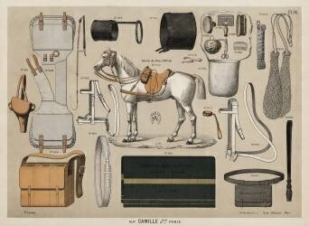 Une chromolithographie de chevaux avec des équipements d'équitation anciens (anonyme) - Muzeo.com