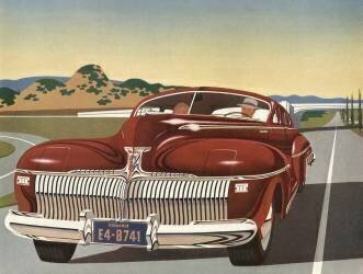 Vintage 1940s Illustration of a Couple Driving in a New Sedan on the Freeway (anonyme) - Muzeo.com