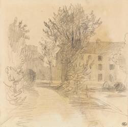 Chemin bordé d'arbres menant à une grande maison (Eugène Delacroix) - Muzeo.com
