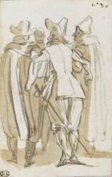 Des personnages de théâtre, une debout, trois assis; deux soldats debouts, appuyés sur un mur (Jacques Callot) - Muzeo.com