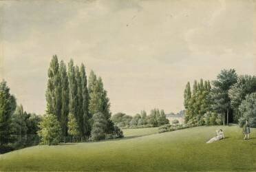 Douze vues du domaine de Malmaison. Vue du château, prise près du pont de pierre, sur le lac (Auguste Garneray) - Muzeo.com