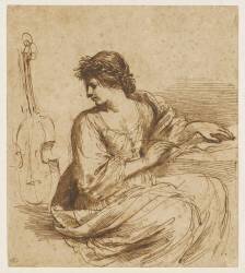 Femme assise, écrivant, près d'un instrument de musique : la muse Euterpe (Le Guerchin) - Muzeo.com