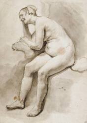 Femme nue, assise, accoudée sur un coussin, riant (Rembrandt) - Muzeo.com