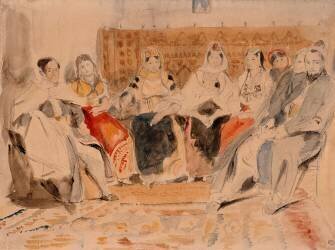 Homme et femmes dans un intérieur au Maroc (Eugène Delacroix) - Muzeo.com