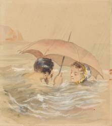 Hommes et femmes se baignant avec un parapluie (Alfred Grévin) - Muzeo.com