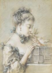 Jeune femme à mi-corps, tenant un oiseau qui becquette sa bouche (François Boucher) - Muzeo.com
