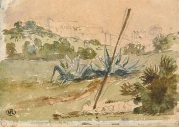 Paysage dans les environs de Tanger avec des aloès et des remparts au second plan; 1832 (Eugène Delacroix) - Muzeo.com