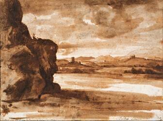 Paysage sur le tibre au nord de Rome avec ciel nuageux (Claude Gellée) - Muzeo.com