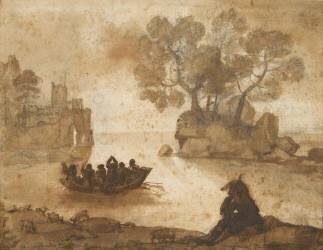 Paysage. Un bac, château à gauche. Barque avec des personnages (Claude Gellée) - Muzeo.com