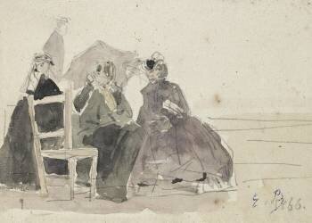 Trois femmes assises sur des chaises sur une plage (Eugène Boudin) - Muzeo.com