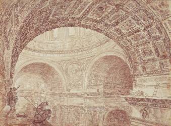 Vue des voûtes de l'église Saint-Pierre depuis une corniche supérieure (Hubert Robert) - Muzeo.com