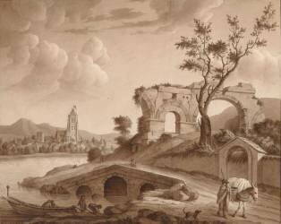 Vue d'un paysage avec pont en ruine (Jean-Jacques Lequeu) - Muzeo.com