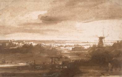 Vue panoramique d'une plaine avec un moulin à vent (Rembrandt) - Muzeo.com