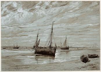 Bateaux de pêche échoués à marée basse, dans la baie de Somme (Amédée Elie Servin) - Muzeo.com