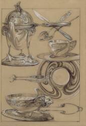 Chocolatière, tasse et soucoupe, pinces à sucre, sucrier, couverts (Alfons Mucha) - Muzeo.com