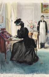 Dans un salon, femme assise, écrivant sur la tablette d'un petit bureau (Pierre Georges Jeanniot) - Muzeo.com