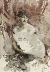 Femme à l'éventail, assise dans une loge : la comtesse de Rasti (?) (Giovanni Boldini) - Muzeo.com