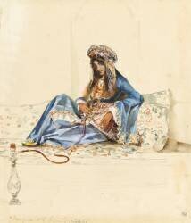 Femme turque à demie-étendue sur un divan et fumant le narguilé (Prosper Marilhat) - Muzeo.com