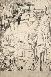Jeunes gens regardant depuis une hutte en bois (Alfons Mucha) - Muzeo.com