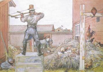Le coq chantait tout le temps pendant qu'Elfstrom sciait et martelait (Carl Larsson) - Muzeo.com